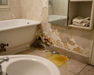 What types of water damage are most common in bathrooms