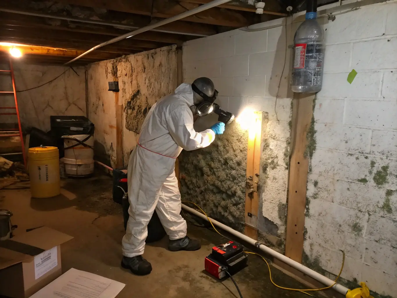 A photograph depicting a Versatile Restoration Pros technician in full protective gear, carefully inspecting a wall for mold growth with a flashlight, emphasizing the initial assessment phase.