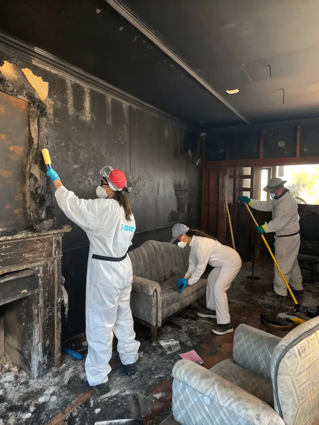 Restoration specialists cleaning soot from a fire-damaged wall with specialized equipment, demonstrating Versatile Restoration Pros' fire damage restoration service.