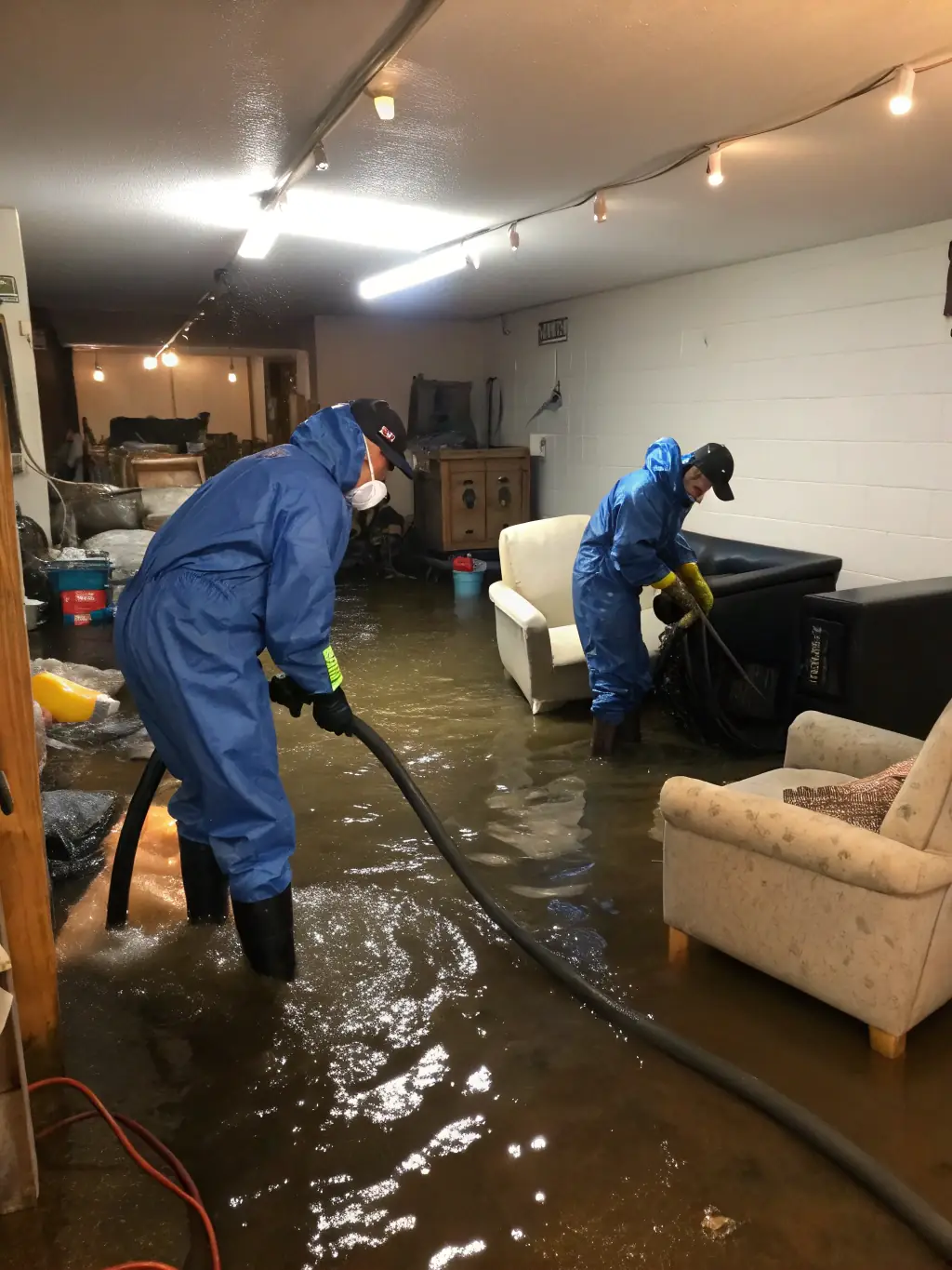 A team of technicians using industrial drying equipment in a flooded basement, showcasing Versatile Restoration Pros' water damage restoration service.