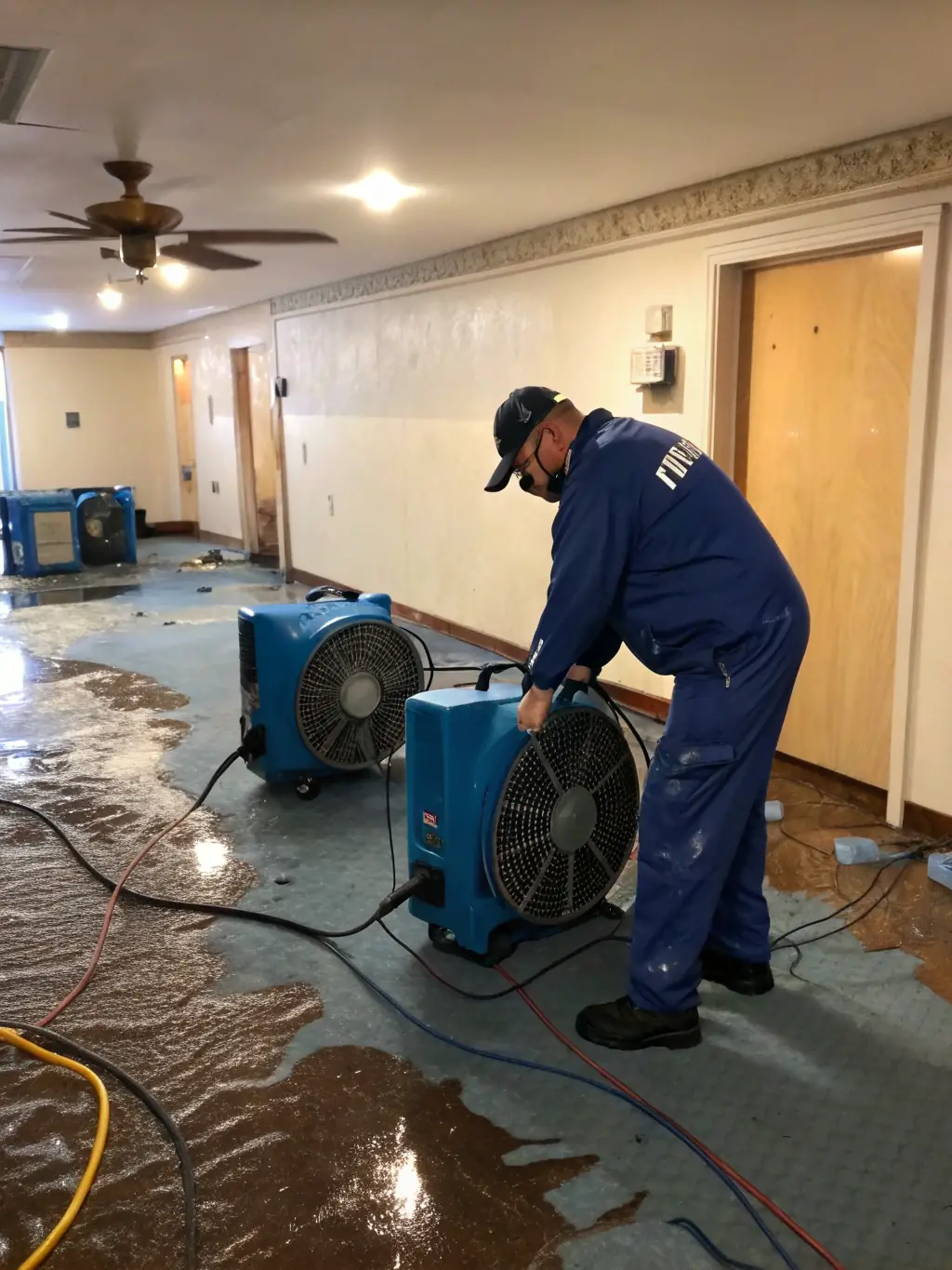 A photo of a Versatile Restoration Pros team member explaining the water damage restoration process to a concerned homeowner in a flooded living room.