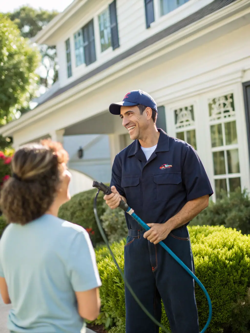A photo of a Versatile Restoration Pros team member shaking hands with a satisfied customer in front of their restored home.