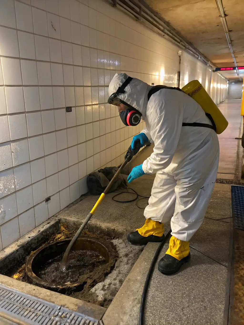 Technicians wearing protective suits and masks performing biohazard cleanup in a commercial space, illustrating Versatile Restoration Pros' biohazard cleanup service.