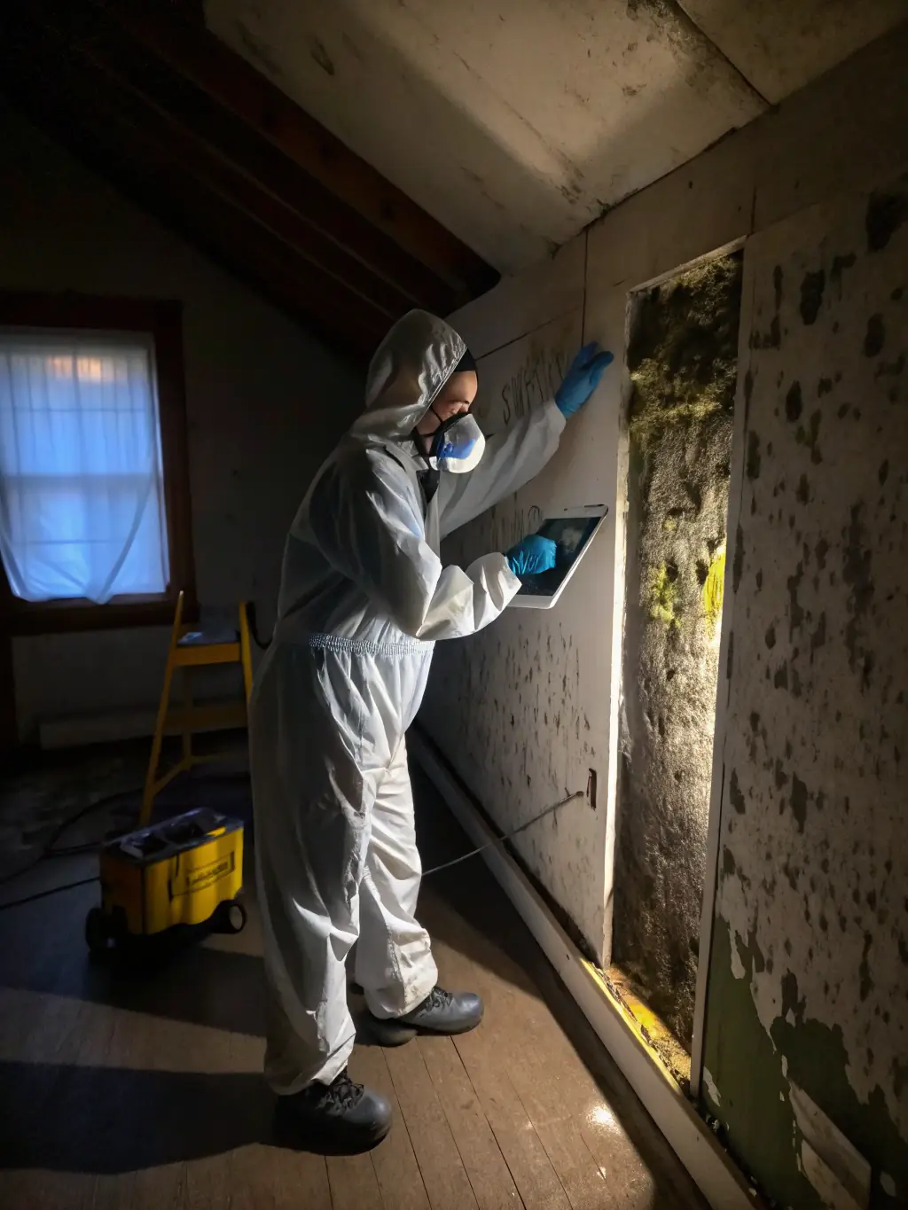 A technician inspecting mold growth behind drywall with protective gear, highlighting Versatile Restoration Pros' mold removal and remediation service.